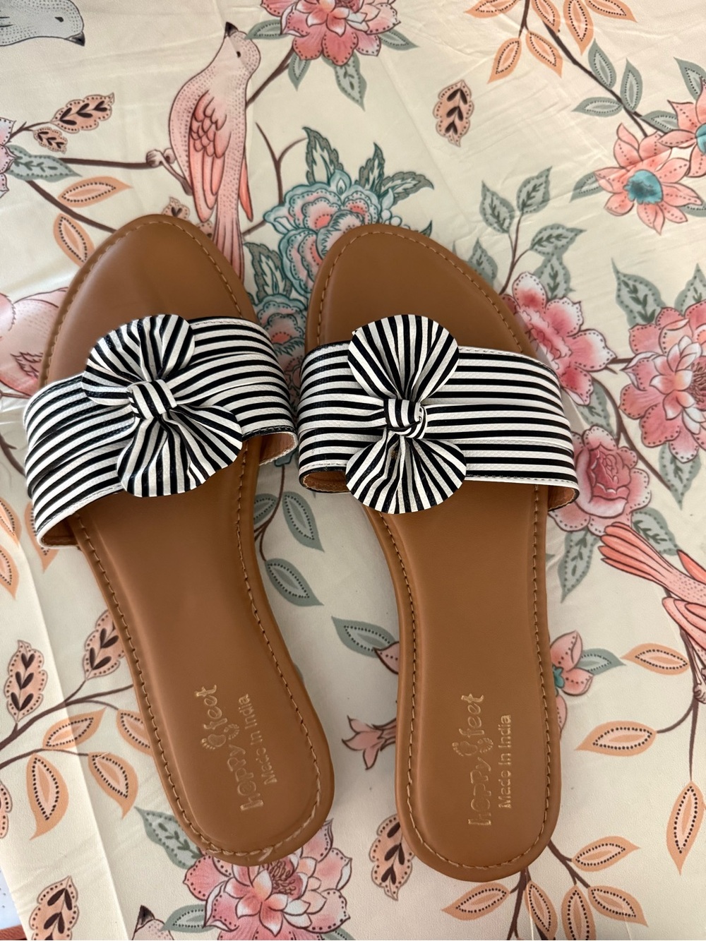 Women's Brown Slide Sandals with Black-and-White Striped Bow
